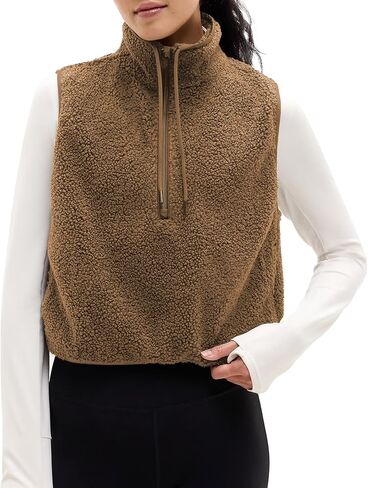 Songling Womens Fuzzy Fleece Vest High Neck Cropped Half Zip Up Warm Sherpa Vest Drawstring Pullover with Pockets in Saudi Arabia