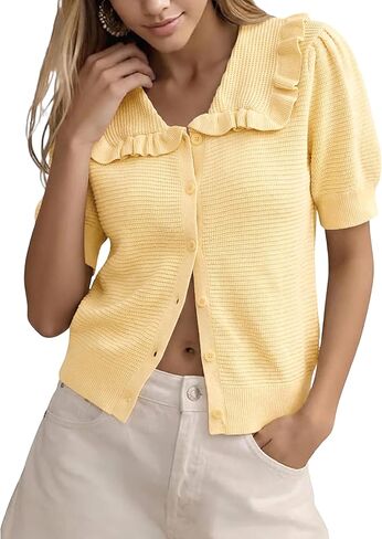 Watashi Womens Short Sleeve Cardigan Casual Button Down Ruffle Collared Lightweight Knittwear Summer Sweater Top in Saudi Arabia