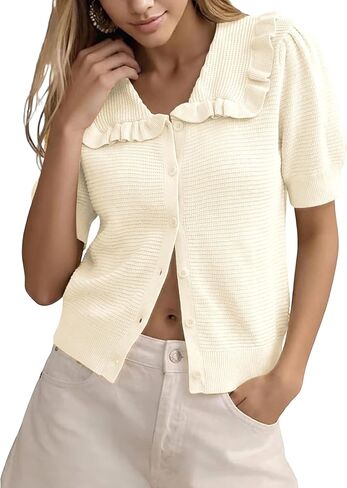 Watashi Womens Short Sleeve Cardigan Casual Button Down Ruffle Collared Lightweight Knittwear Summer Sweater Top in Saudi Arabia