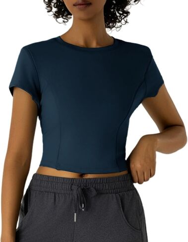 Women's Short Sleeve Crop Top, Round Neck Slim Fit Workout Activewear, Moisture-Wicking Stretchy Athletic Tee in Saudi Arabia