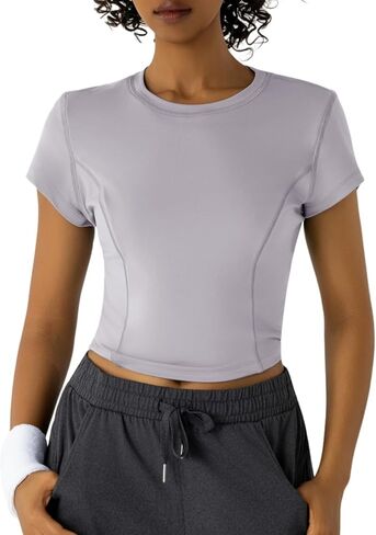 Women's Short Sleeve Crop Top, Round Neck Slim Fit Workout Activewear, Moisture-Wicking Stretchy Athletic Tee in Saudi Arabia