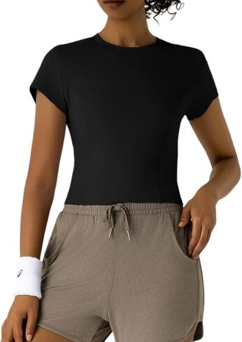 Women's Short Sleeve Crop Top, Round Neck Slim Fit Workout Activewear, Moisture-Wicking Stretchy Athletic Tee in Saudi Arabia
