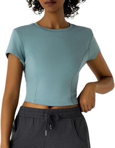 Women's Short Sleeve Crop Top, Round Neck Slim Fit Workout Activewear, Moisture-Wicking Stretchy Athletic Tee in Saudi Arabia