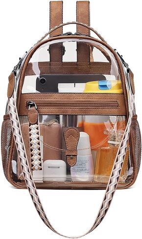 FADEON Clear Small Backpack Purse for Women, Designer Transparent Shoulder Handbag, PVC Mini Clear Bag for Stadium Approved in Saudi Arabia