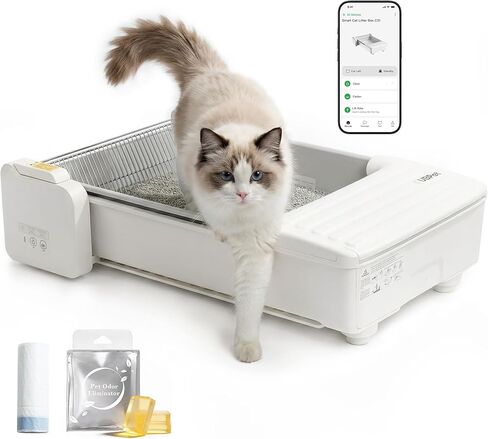 صندوق فضلات أوتوماتيكي مفتوح من الأعلى، صندوق فضلات القطط ذاتي التنظيف مع التحكم في التطبيق ومستشعر السلامة، مشط مزدوج، تحكم في الرائحة، سعة كبيرة للعديد من القطط in Kuwait