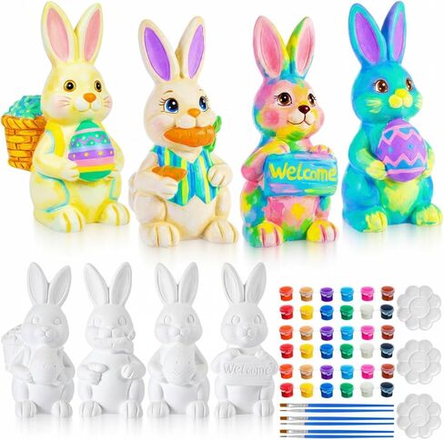 Zubebe 12 Pcs Ready to Paint Your Own Easter Bunny Figurines 5.1 Inch 3D Unpainted Blank Ceramics to Paint Bunny Statues Large DIY Arts Crafts Rabbit Ceramic Figurines for Easter Day Decor, 4 Styles in Saudi Arabia