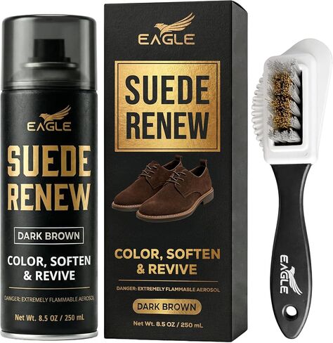 بخاخ Eagle Suede Restorer Spray باللون الأسود - مرمم لون الجلد السويدي وجلد النوبوك للأحذية والأحذية الطويلة والسترات، رذاذ متجدد لاستعادة اللون وإحياء القيلولة والملمس، يتضمن فرشاة ثلاثية الاتجاهات، 250 مل in Kuwait