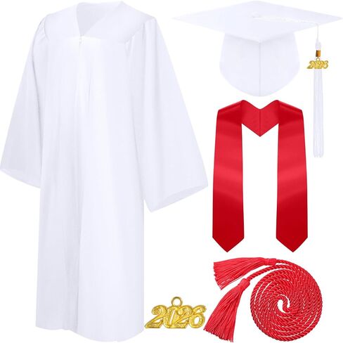 Syhood 4 Pieces 2025 Unisex Graduation Matte Gown Cap Tassel Stole Set Honor Cord for Graduation(Size 45,White,Red) in Saudi Arabia