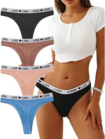 Cotton Thongs for Women,Seamless Thongs for Women,Low Rise T Back Panties with Thick Band 4 Pack (XS-XL) in Saudi Arabia