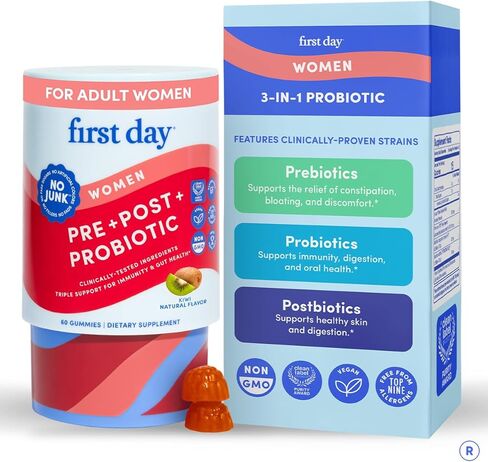 حلوى Gut Tribiotic Gummies النسائية من FIRST DAY - مكملات البريبايوتك والبروبيوتيك وما بعد الحيوية 3 في 1 - تدعم وظيفة المناعة وصحة الجهاز الهضمي والفم والجلد والمهبل - كمية تكفي لمدة 30 يومًا in Kuwait