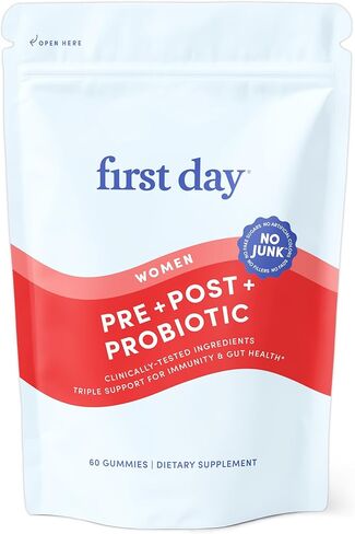 حلوى Gut Tribiotic Gummies النسائية من FIRST DAY - مكملات البريبايوتك والبروبيوتيك وما بعد الحيوية 3 في 1 - تدعم وظيفة المناعة وصحة الجهاز الهضمي والفم والجلد والمهبل - كمية تكفي لمدة 30 يومًا in Kuwait