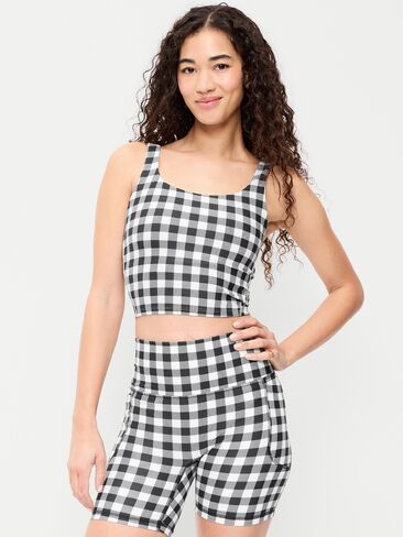 Old Navy Light Support PowerSoft Longline Sports Bra - Black/White Gingham in Saudi Arabia