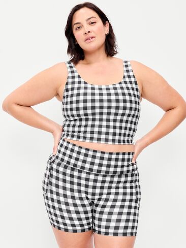 Old Navy Light Support PowerSoft Longline Sports Bra - Black/White Gingham in Saudi Arabia