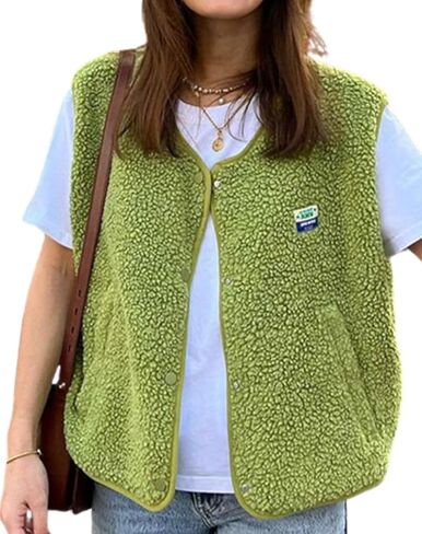 سترة نسائية من صوف الشيربا بدون أكمام وأزرار سفلية وسترات شيرلينغ صناعية جيليه ملابس خارجية مع جيوب in Kuwait