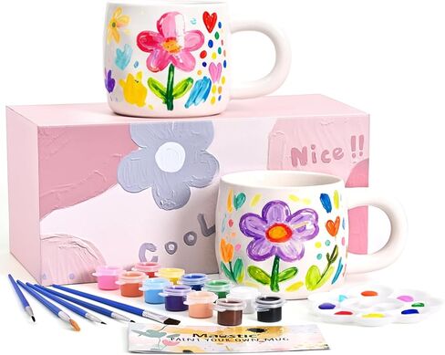 Maustic Mug Painting Kit, Paint Your Own Mug Kit, 2 Pcs Ceramic Mugs to Paint, Mothers Day Fathers Day Valentine's Day DIY Gift Kits, Includes 2 Paintable Mugs 12 Oz, Paints, Brushes in Saudi Arabia