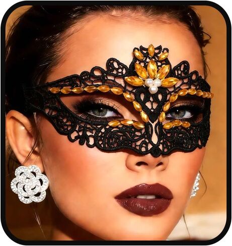Yalice Black Masquerade Lace Masks Women Eye Mask Sparkle Beaded Venetian Costume Accessories for Halloween Party in Kuwait
