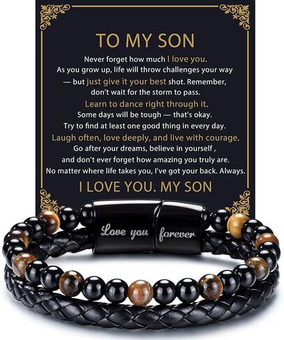 RANKEEF Gifts for Men - Mens Beaded Leather Bracelet with Tiger Eye Stainless Steel Engraved Anniversary Christmas Birthday Gifts for Son Husband Man 7.5/8.5/9 Inches Mens Leather Bracelet in Saudi Arabia
