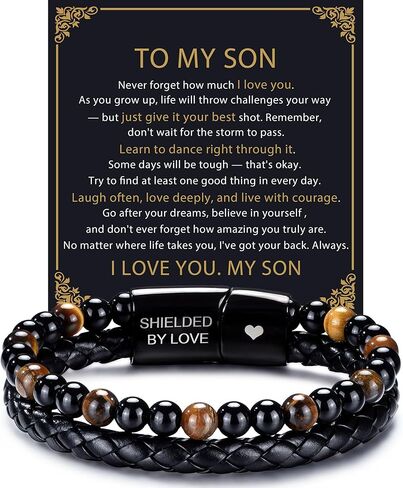 RANKEEF Gifts for Men - Mens Beaded Leather Bracelet with Tiger Eye Stainless Steel Engraved Anniversary Christmas Birthday Gifts for Son Husband Man 7.5/8.5/9 Inches Mens Leather Bracelet in Saudi Arabia