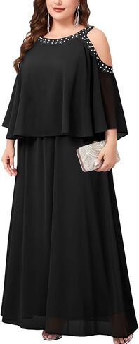Plus Size Chiffon Formal Maxi Dress Cold Shoulder Beaded Neckline Evening Gown with Tiered Overlay Wedding Guest in Saudi Arabia