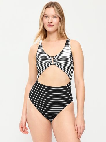 Old Navy Textured One-Piece Cut-Out Swimsuit - Black White Stripe in Saudi Arabia