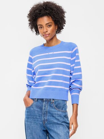 Old Navy SoSoft Lite Cropped Crew-Neck Sweater - Blue Multi Stripe in Saudi Arabia