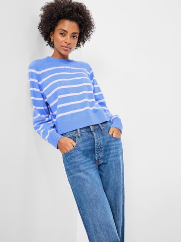Old Navy SoSoft Lite Cropped Crew-Neck Sweater - Blue Multi Stripe in Saudi Arabia