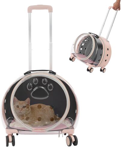 Breathable Cat Carrier with Wheels, Rolling Pet Carrier for Cats Small Dogs Within 20 lbs, Clear Ventilation Holes, Carrying Case Pet Trolley Backpack for Hiking Travel (Transparent, Pink) in Saudi Arabia