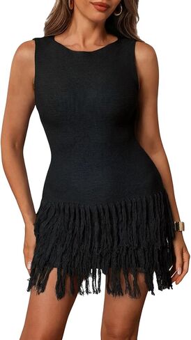 Women's Fringe Sleeveless Mini Dress Crew Neck Bodycon Knit Party Club Dresses in Saudi Arabia