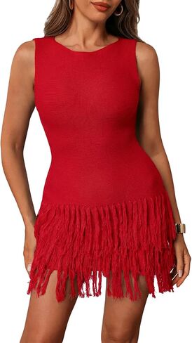 Women's Fringe Sleeveless Mini Dress Crew Neck Bodycon Knit Party Club Dresses in Saudi Arabia
