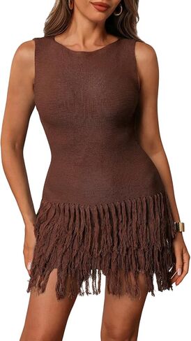 Women's Fringe Sleeveless Mini Dress Crew Neck Bodycon Knit Party Club Dresses in Saudi Arabia