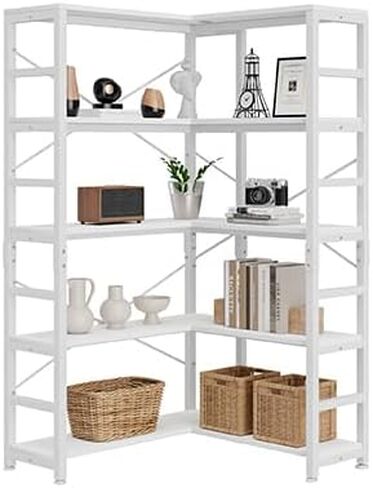 NUMENN 5 Tier Corner Bookshelf, Wood and Metal Bookcase Storage Shelf, 26.97'' x 22.64'' x 65.7'' Tall Corner Cabinet for Living Room, Bedroom, Home Office and Kitchen, Vintage Brown in Saudi Arabia