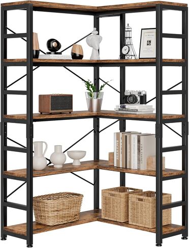 NUMENN 5 Tier Corner Bookshelf, Wood and Metal Bookcase Storage Shelf, 26.97'' x 22.64'' x 65.7'' Tall Corner Cabinet for Living Room, Bedroom, Home Office and Kitchen, Vintage Brown in Saudi Arabia