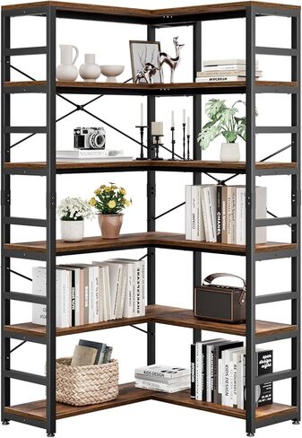 NUMENN 5 Tier Corner Bookshelf, Wood and Metal Bookcase Storage Shelf, 26.97'' x 22.64'' x 65.7'' Tall Corner Cabinet for Living Room, Bedroom, Home Office and Kitchen, Vintage Brown in Saudi Arabia
