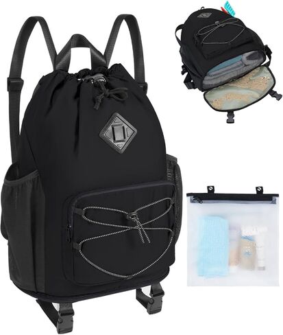 WANDF Drawstring Backpack with Removable Wet Pocket, Sandproof Beach Backpack with Bottom Compression Strap for Beach Mat, Swim Bag for Pool, Gym, Travel and Workout Gear (Black) in Kuwait
