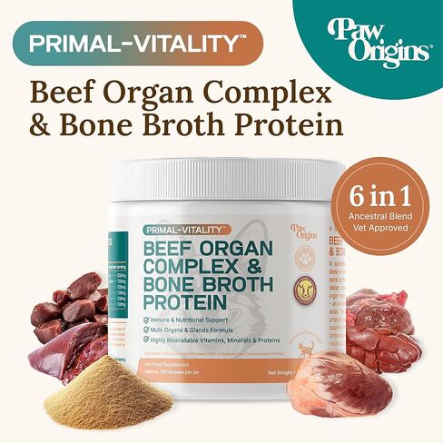 مسحوق مرق العظام للكلاب من PawOrigins® Primal-Vitality™ - مجمع أعضاء لحم البقر الذي يتغذى على العشب مع الكبد والقلب والكلى والبنكرياس والطحال وبروتين مرق العظام - طبقة علوية من طعام الكلاب الطبيعي، 120 حصة in Kuwait