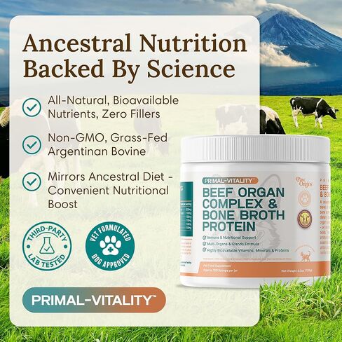 مسحوق مرق العظام للكلاب من PawOrigins® Primal-Vitality™ - مجمع أعضاء لحم البقر الذي يتغذى على العشب مع الكبد والقلب والكلى والبنكرياس والطحال وبروتين مرق العظام - طبقة علوية من طعام الكلاب الطبيعي، 120 حصة in Kuwait