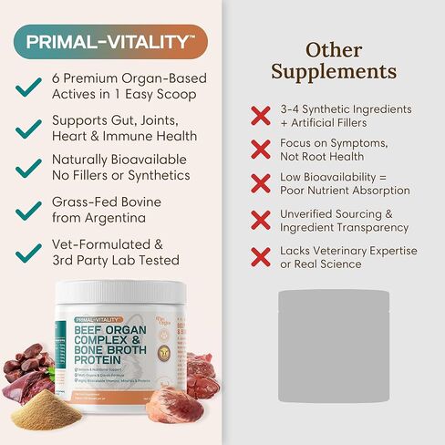 مسحوق مرق العظام للكلاب من PawOrigins® Primal-Vitality™ - مجمع أعضاء لحم البقر الذي يتغذى على العشب مع الكبد والقلب والكلى والبنكرياس والطحال وبروتين مرق العظام - طبقة علوية من طعام الكلاب الطبيعي، 120 حصة in Kuwait