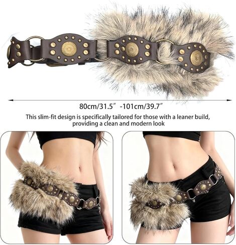 Brown Faux Fur Leather Belt for Women, Y2K Fashion Pin Buckled Furry Belt for Vintage Skirt in Saudi Arabia