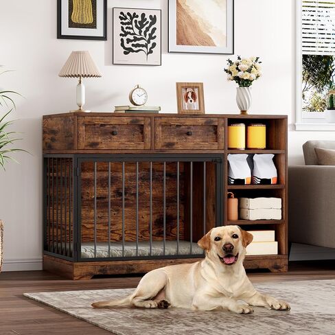 Dog Crate Furniture for 2 Dogs, 71" Large Double Dog Kennel with Removable Divider and 3 Drawers, Decorative TV Stand Side Table, Indoor Pet Cage House Rustic Brown in Saudi Arabia