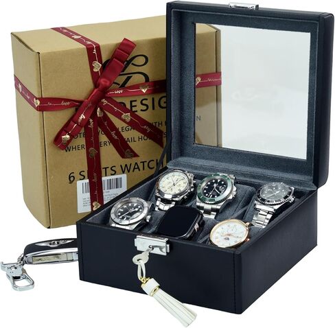 Watch Case Watch Box for Men, Leather Display Watch Storage Cases, Mens Watch Holder Organizer with 6 Slots, Watch Gift Box and Collection Pillow,Birthday Valentine's day Gifts for Men Him in Saudi Arabia