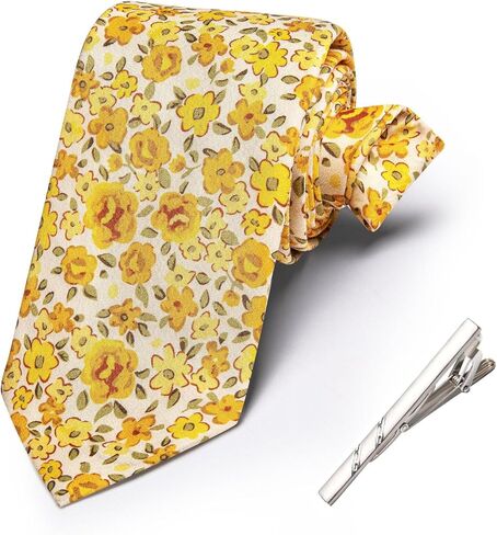 Barry.Wang Men's Cotton Ties Flower 3.15" Necktie Printed Skinny Tie Sets Clip Extra Long Flower Wedding Party in Saudi Arabia