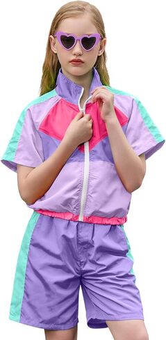 ملابس صيفية للفتيات من Perfashion مكونة من قطعتين بدلة رياضية 80s 90s سترة واقية ومجموعات قصيرة للرقص الهيب هوب 4-13 سنة in Saudi Arabia