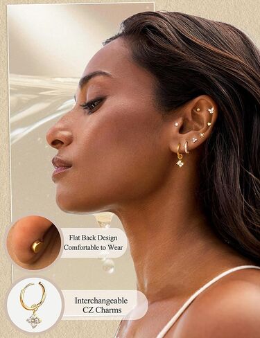 Jstyle Small Gold Stud Hoop Earrings for Women 14K Gold Hypoallergenic Surgical Steel Earrings for Sensitive Ears Silver Flat Back Cartilage Earring Stacks with Charms for Multiple Piercing Jewelry in Saudi Arabia