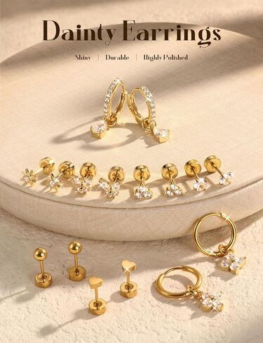 Jstyle Small Gold Stud Hoop Earrings for Women 14K Gold Hypoallergenic Surgical Steel Earrings for Sensitive Ears Silver Flat Back Cartilage Earring Stacks with Charms for Multiple Piercing Jewelry in Saudi Arabia