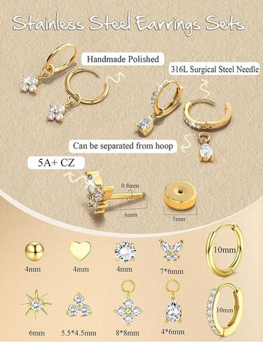 Jstyle Small Gold Stud Hoop Earrings for Women 14K Gold Hypoallergenic Surgical Steel Earrings for Sensitive Ears Silver Flat Back Cartilage Earring Stacks with Charms for Multiple Piercing Jewelry in Saudi Arabia