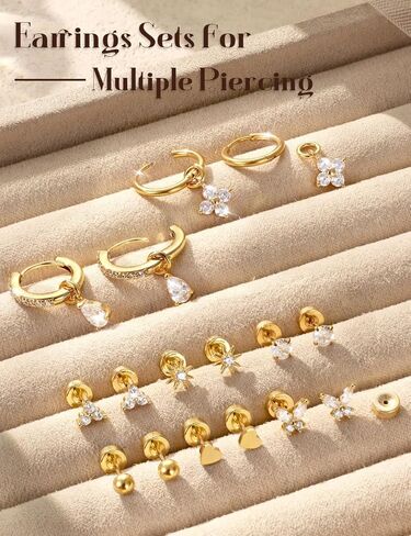 Jstyle Small Gold Stud Hoop Earrings for Women 14K Gold Hypoallergenic Surgical Steel Earrings for Sensitive Ears Silver Flat Back Cartilage Earring Stacks with Charms for Multiple Piercing Jewelry in Saudi Arabia