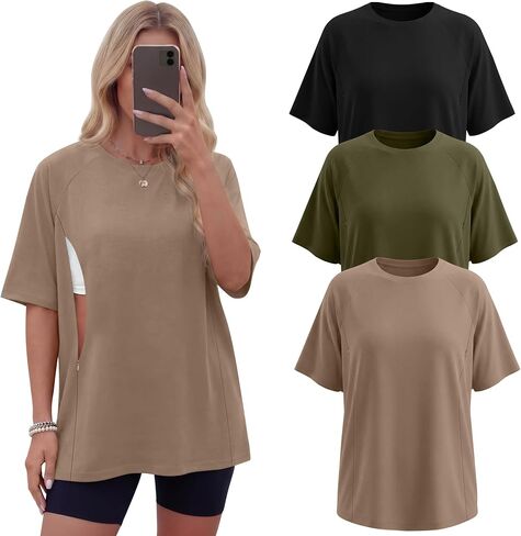 3 Pack Women's Oversized Nursing Shirts Short Sleeve Breastfeeding Maternity Tops Hidden Zipper Pregnancy Clothes in Saudi Arabia