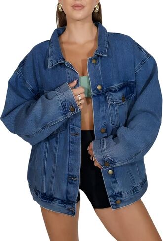 LifeShe Oversized Jean Jacket for Women Trendy Fall Boyfriend Denim Jackets Loose Shacket Coats 2025 in Saudi Arabia