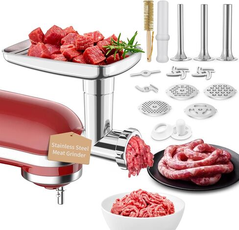 Metal Food Grinder Attachments for KitchenAid Stand Mixers, Meat Grinder, Sausage Stuffer, Perfect Mixer Attachment for KitchenAid Mixers, 15pcs Meat Grinder Accessories Set, Silver in Saudi Arabia