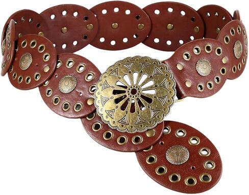 Makemechic Women's Faux Leather Wide Discle Belt Belt Boho Disk Western Western Belt in Saudi Arabia
